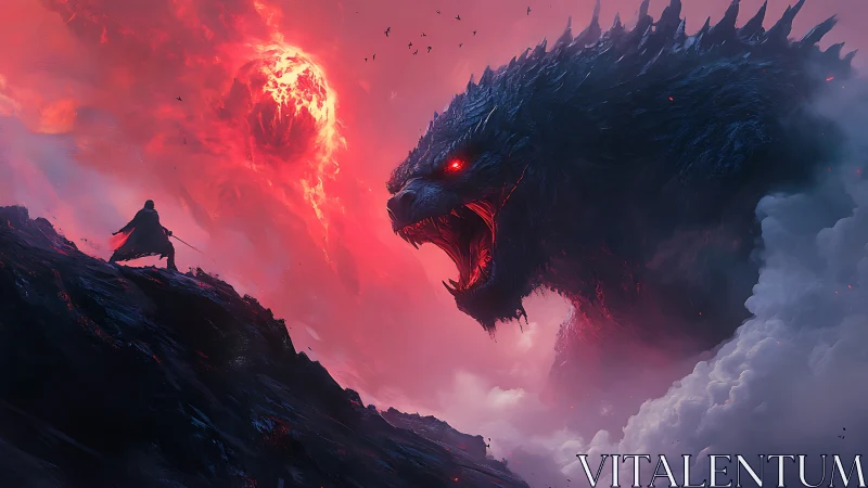 Sword wielder faces colossal fire-eyed monster in storm.