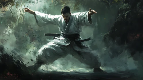 Martial artist in low stance rendered with dynamic brushwork