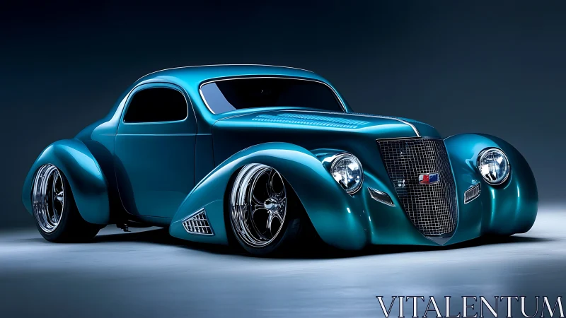 Sleek teal hot rod coupe glows softly in a studio spotlight