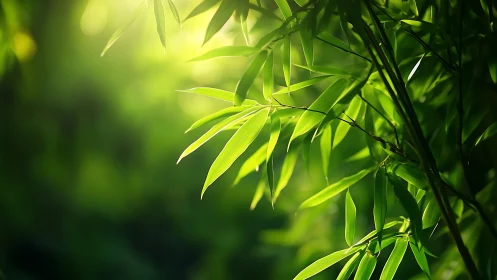 Sunlit bamboo leaves whisper in a luminous emerald hush.