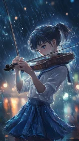 Girl plays violin in heavy nighttime rain with city lights