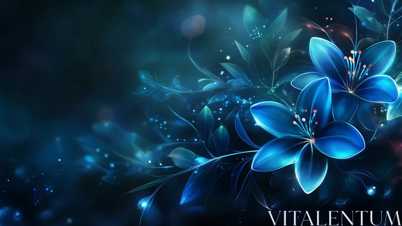 Glowing Blue Flowers Bloom in Magical Digital Light