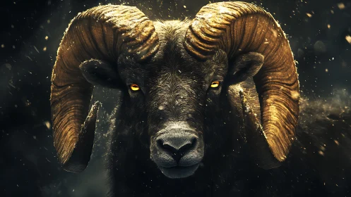 Powerful ram portrait with glowing eyes in dark dust.