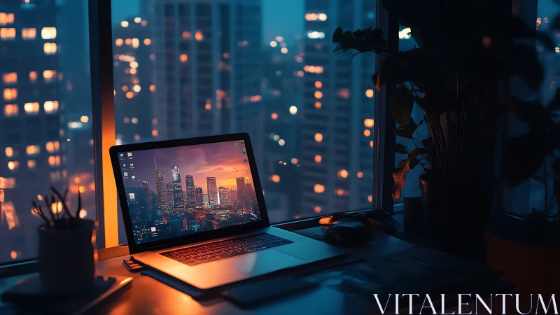 Laptop on desk faces illuminated city skyline at dusk