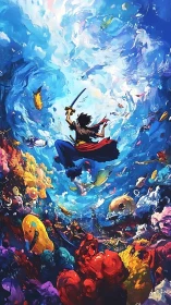 Sword-wielding hero dives through a swirling cosmic ocean