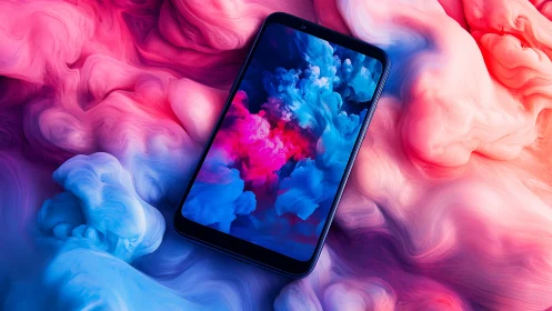 Smartphone on vivid abstract clouds of colored smoke.