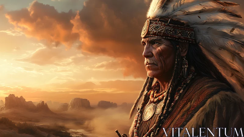 Elder in feathered headdress watches a desert sunset in silence.