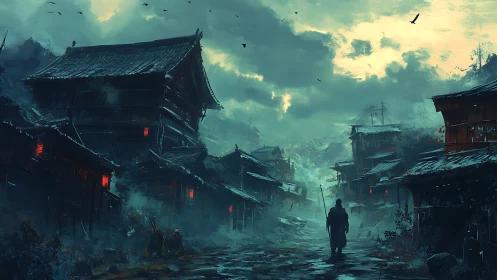 Lone warrior crossing misty samurai street at dusk.