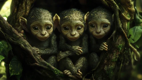 Triad of juvenile monkeys rendered in lush photoreal detail