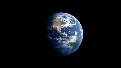 Planet Earth in space with Americas in partial sunlight.