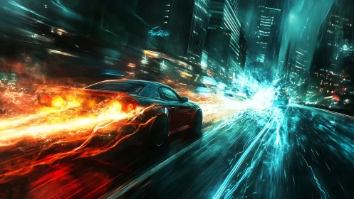 High-velocity sports car with volumetric fire trails in neon rain