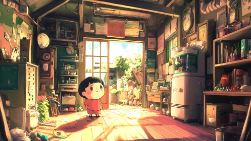 Child stands in sunlit cluttered workshop doorway, observing