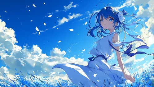 Blue-haired girl watches drifting petals under vivid sky.