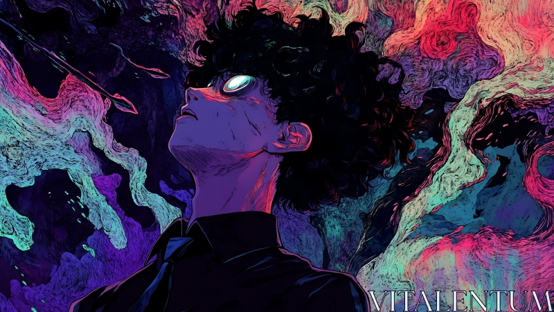 Neon-splashed dreamer staring into cosmic static skies.