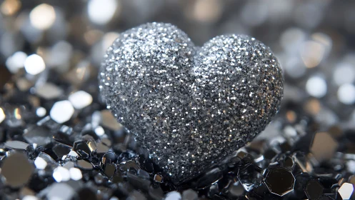 Silver glitter heart resting on reflective crystals.