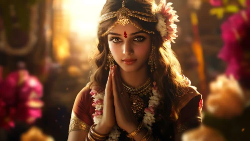 Digital painting of devotional Indian woman in warm bokeh light.