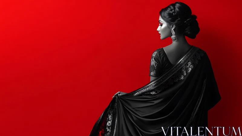 Elegant woman in black saree with silver accents, modern art style.
