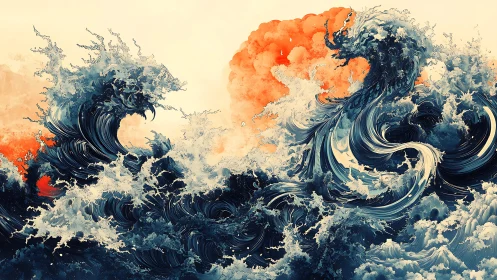 Stylized ocean waves forming abstract serpentine figures.