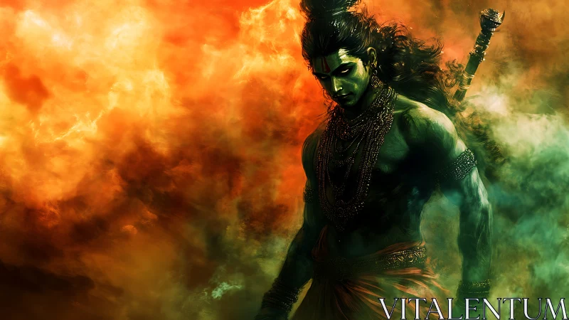 Digital painting of mythic warrior amid fiery chromatic haze.