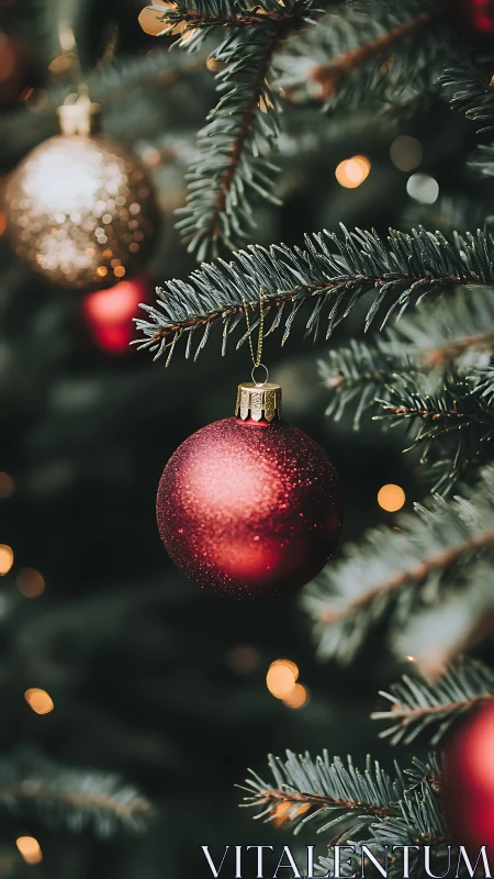Red Christmas bauble in soft bokeh holiday tree lighting.