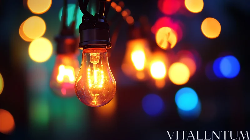 String light bulbs with multicolored blurred bokeh background.