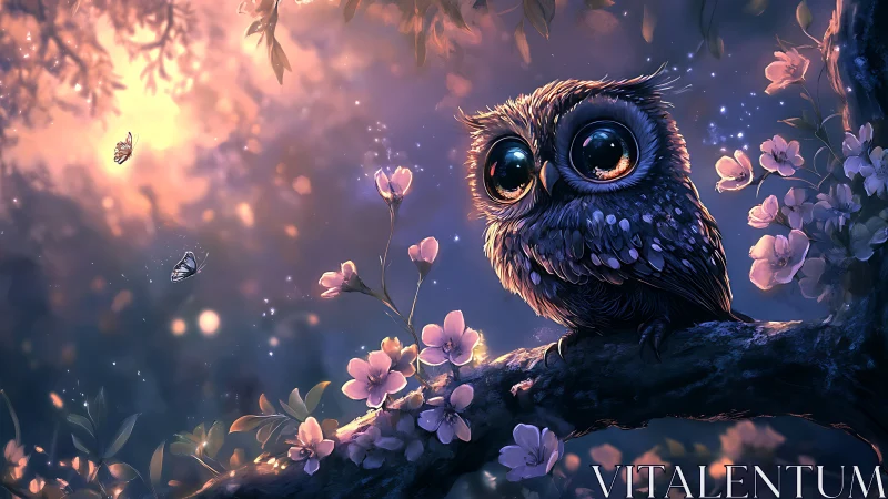 Adorable big-eyed owl on a branch in dreamy fantasy artwork.