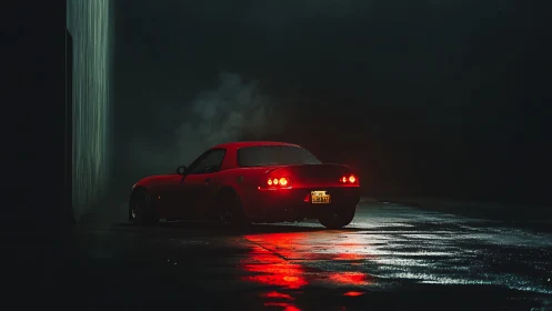Red sports coupe under cinematic rain-soaked night glow.