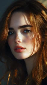 Close-up portrait shows red-haired woman in directional light
