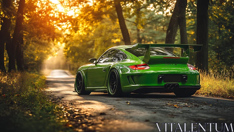 Vibrant green sports coupe on forest road at sunset.