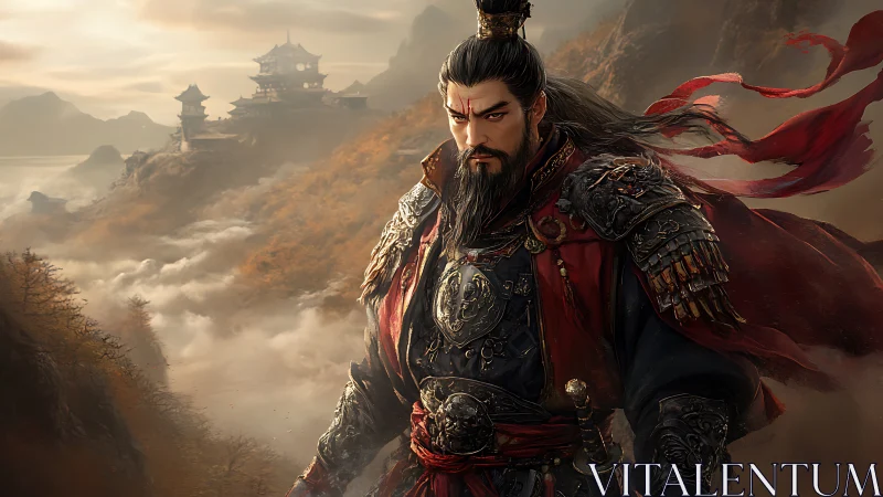Imperial warlord in crimson armor above misted mountain citadel.