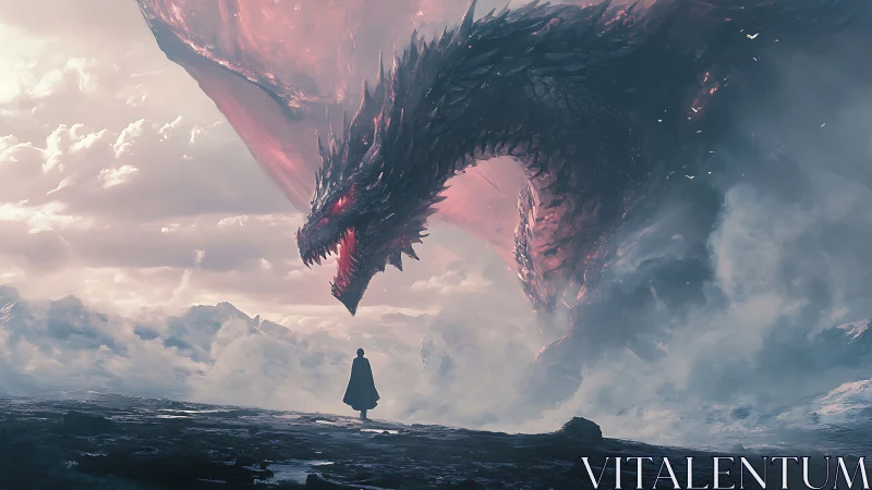 Epic digital painting of lone figure confronting colossal dragon.