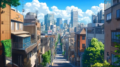 Sunlit urban slope leading into dense Tokyo cityscape.