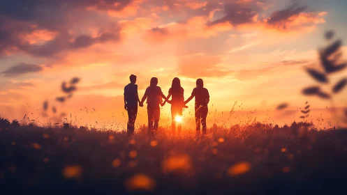 Silhouetted group stands in field during low-angle sunset