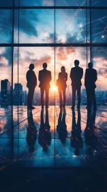 Five business professionals silhouetted against urban skyline at sunset.