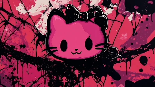 Pink cartoon cat head over chaotic black splatter field.