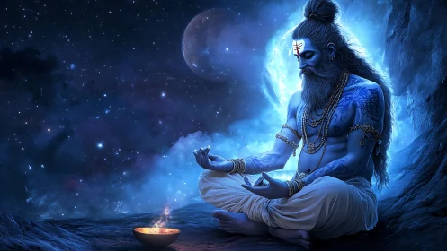 Blue meditative deity seated under starry cosmic night.