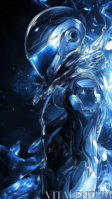 Liquid-chrome cybernetic warrior emerges in blue energy surge.