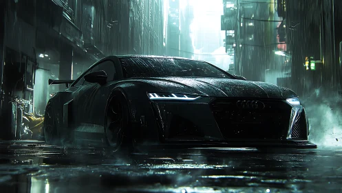 Black sports coupe in wet neon alley under heavy rain.