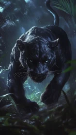 Black Panther in Rain-Soaked Jungle Setting.