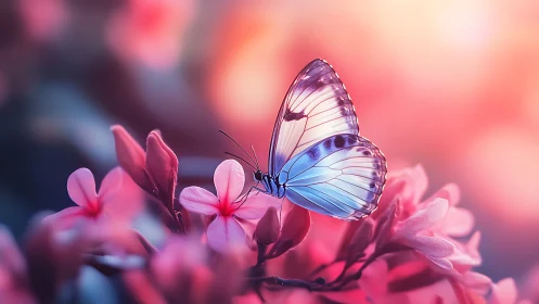 Iridescent butterfly poised on neon pink blossoms at dusk.