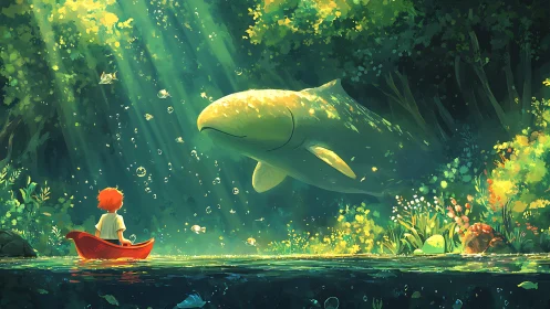 Luminous forest river encounter with child and spectral whale.