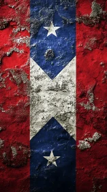 Weathered red and blue flag mural with bright white stars.