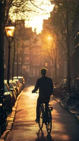 Cyclist on Tree-Lined Urban Street at Dusk