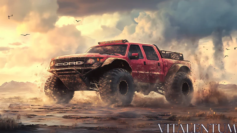 Red off-road truck crossing muddy desert terrain.