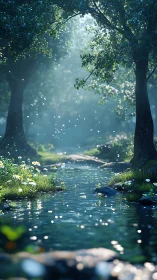 Enchanted Forest Stream Bathed in Ethereal Sunlight
