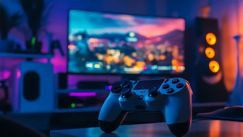 Neon-lit gamepad waiting for its next midnight quest.