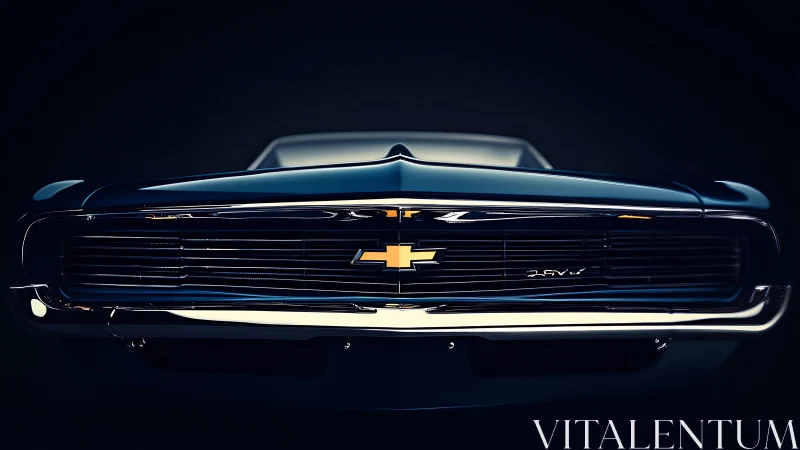 Bold classic Chevy front glows softly against deep darkness