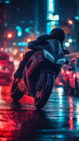 Neon drenched sport bike slicing through rain soaked city streets.