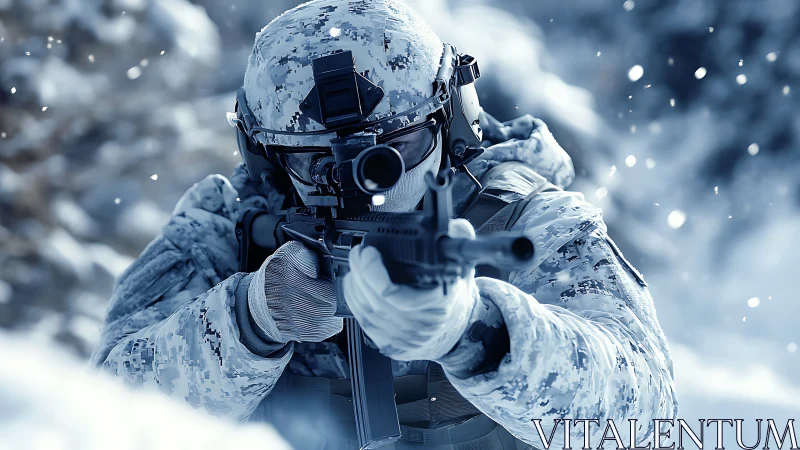 Armed soldier in digital snow camouflage aims rifle in blizzard