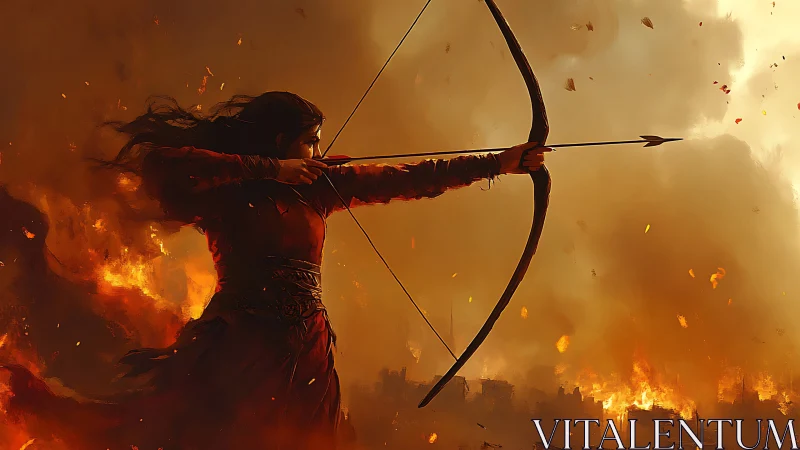 Fiery archer stands strong against a storm of burning skies.
